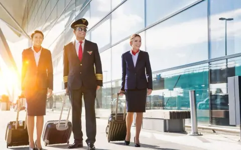 Equipaggio Ryanair cammina in aeroporto con valigie. Il pilota e le hostess sorridono, pensando al loro stipendio.