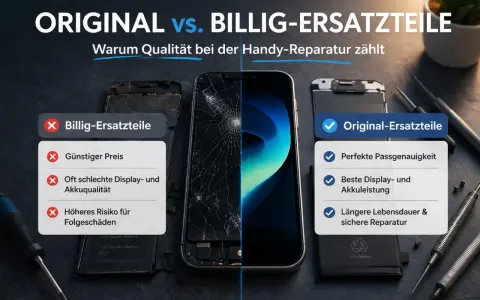 Vergleich von Handy-Ersatzteilen: Billigteile vs. Original-Ersatzteile. Originalteile bieten perfekte Passgenauigkeit, beste Display- und Akkuqualität für sichere Reparaturen.