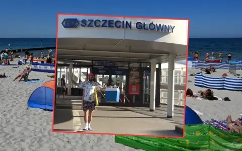 Plaża i ludzie wypoczywający nad morzem, a obok dworzec "Szczecin Główny". Czy Szczecin leży nad morzem? Wygląda na to, że tak!