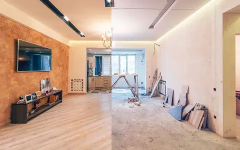 Remont starego domu od czego zacząć? Podzielony obraz pokazuje salon po remoncie i stan surowy.