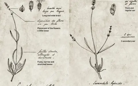 Dessin botanique comparant la lavande vraie (Lavandula angustifolia) et la lavandin (Lavandula hybrida), avec détails sur les feuilles et les épis.