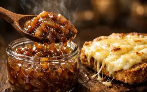 Une cuillère de confit d'oignon fumant dégouline vers un pot en verre. À côté, une tartine grillée est recouverte de fromage fondu.