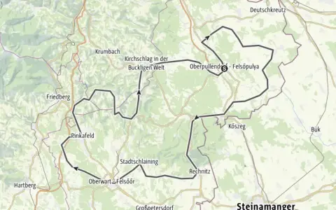 Mappa di un percorso in moto attraverso l'Ungheria e l'Austria, con tappe a Oberwart, Kőszeg e altri luoghi.