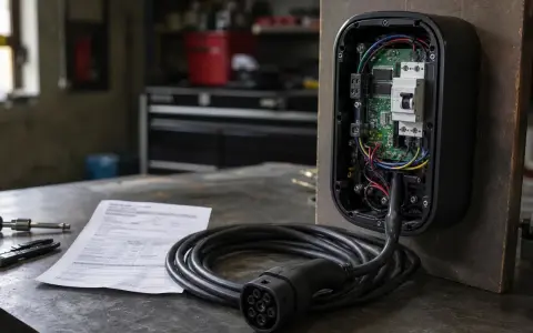 Componenti interni di punti ricarica auto elettriche, con cavo e connettore in primo piano.