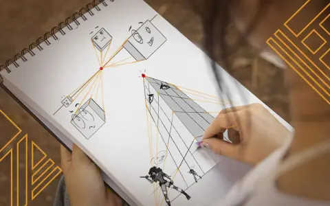 Une main dessine des cubes expressifs et des personnages dans un carnet, explorant la perspective.