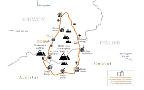 Karte der Spaghetti-Tour: Wanderroute um Zermatt, Matterhorn & Monte Rosa mit Hütten, Stauseen & italienischen Rifugios.