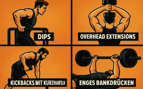 Vier Übungen für Bizeps Trizeps Training: Dips, Overhead Extensions, Kickbacks mit Kurzhantel, Enges Bankdrücken.