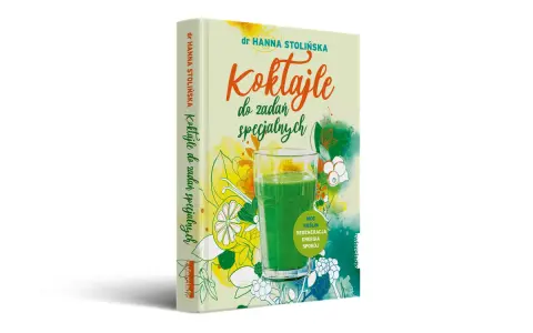Okładka książki "Koktajle do zadań specjalnych" z zielonym koktajlem i owocami.