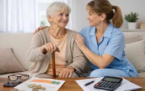Opiekunka wspiera seniorkę przy dokumentach ZUS. W 2025 roku dodatek pielęgnacyjny może pomóc w takich sytuacjach.