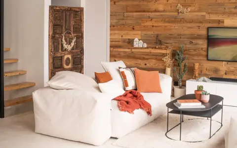 Un salon chaleureux et accueillant avec un grand canapé blanc, des coussins orange et un mur en bois rustique. Une porte ancienne décore le mur.