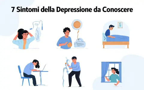 Illustrazioni di persone che mostrano sintomi di depressione e stanchezza: apatia, difficoltà a concentrarsi, isolamento, perdita di interesse.