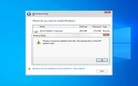Komunikat błędu instalatora Windows: nie można zainstalować systemu Windows na tym dysku, ponieważ jest on w stylu partycji GPT.
