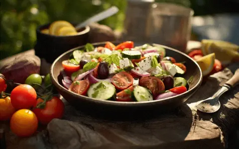 En härlig grekisk sallad med tomater, gurka, fetaost och oliver, serverad utomhus i solsken.