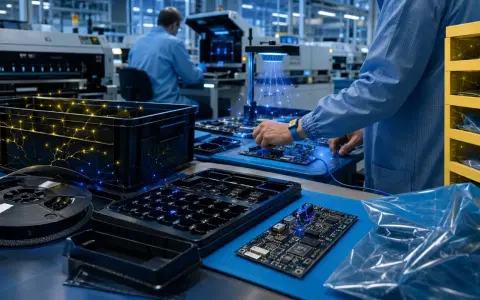 Workers in a cleanroom assemble electronics on a blue mat, surrounded by electrically safe plastics and components.