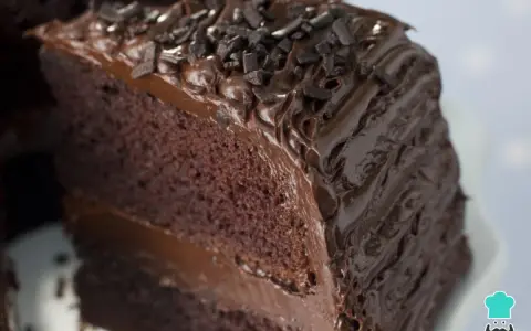 Una rebanada de coca de chocolate con glaseado cremoso y chispas oscuras. ¡Puro placer chocolatoso!