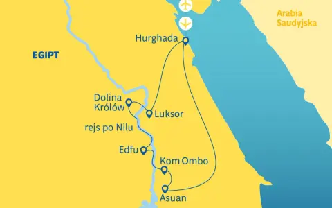 Mapa Egiptu z zaznaczonymi trasami zwiedzania: Hurghada, Luksor, Dolina Królów, rejs po Nilu, Edfu, Kom Ombo, Asuan.