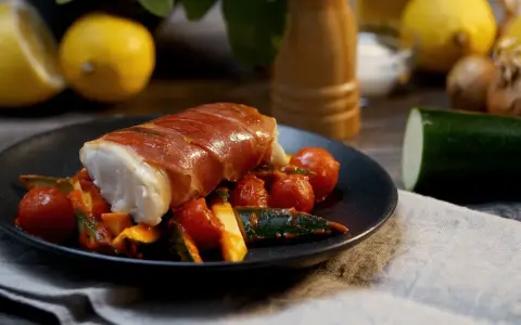 Kabeljau Saltimbocca: ein zartes Fischfilet, umwickelt mit luftgetrocknetem Schinken, serviert auf einem Bett aus Kirschtomaten und Zucchini.