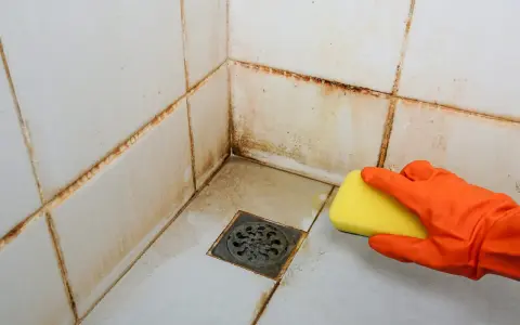 Main d'une personne portant un gant orange, utilisant une éponge jaune pour nettoyer le joint de carrelage sale dans une douche.