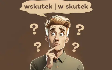 Zastanawiający się mężczyzna otoczony znakami zapytania, myślący, czy użyć "wskutek", czy "w skutek".
