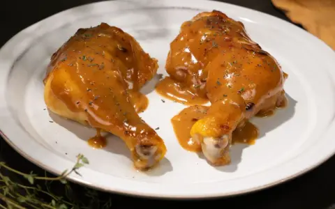 Dos jugosas piernas de pollo a la mostaza, cubiertas con una salsa dorada y espolvoreadas con hierbas, servidas en un plato blanco.