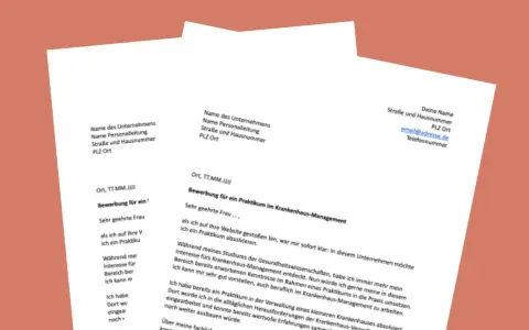 Bewerbung nach Praktikum: Dokumente mit Adressfeldern und Texten, die eine Bewerbung für ein Praktikum im Krankenhaus-Management beschreiben.