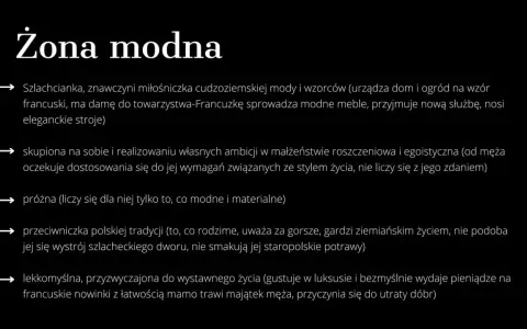 Tekst na czarnym tle: "Żona modna" i lista cech.