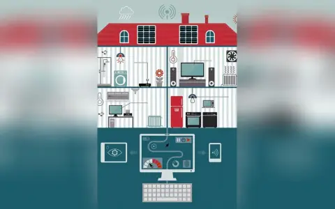 Ein Haus mit vernetzten Geräten, gesteuert über Computer und Tablets, zeigt den Schutz vor Hackern.