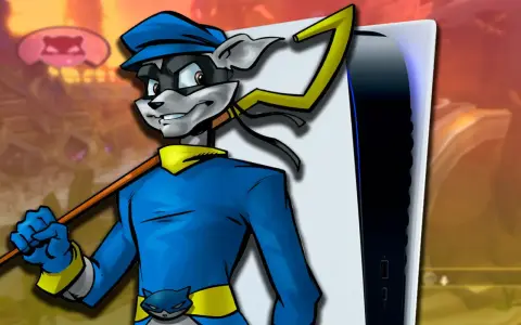 Sly Cooper 5, el astuto zorro ladrón, posa con su bastón junto a una consola PS5.