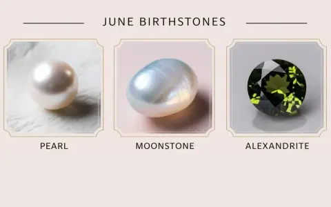 June birthstones: a lustrous pearl, an iridescent moonstone, and a vibrant alexandrite.