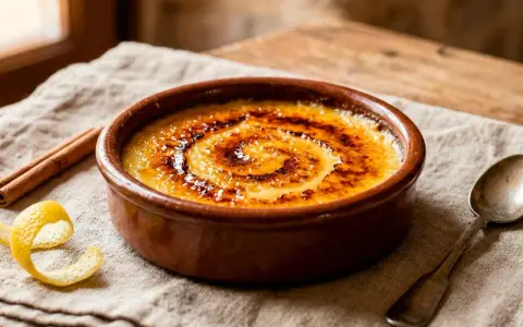 Crema catalana receta: postre con costra de caramelo tostado, canela y piel de limón.