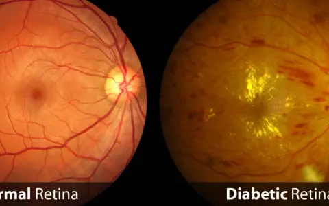 Confronto tra retina sana e retina diabetica: la seconda mostra emorragie e depositi gialli, sintomi della retinopatia diabetica.