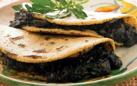 Dos tortillas de maíz rellenas de quelites, un platillo que evoca lo que comían los aztecas.