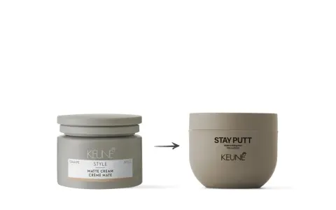 Zwei Keune Stylingprodukte: links die Matte Cream, rechts die Keune Power Paste Stay Putt für starken Halt.