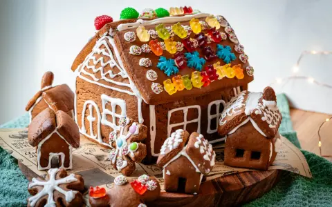 Kreative Ideen für ein Lebkuchenhaus: Ein detailreiches Lebkuchenhaus mit bunten Gummibärchen und kleinen Lebkuchenhäusern drumherum.