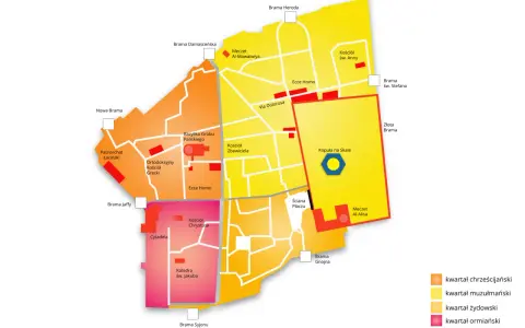 Kolorowa mapa Starego Miasta w Jerozolimie, pokazująca kwartały: chrześcijański, muzułmański, żydowski i ormiański.