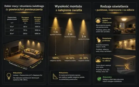 Wybór oświetlenia: lumeny i kelwiny. Tabela pokazuje, ile lumenów potrzeba na m², zależnie od natężenia światła (lx). Wykres ilustruje wpływ wysokości montażu na natężenie światła.
