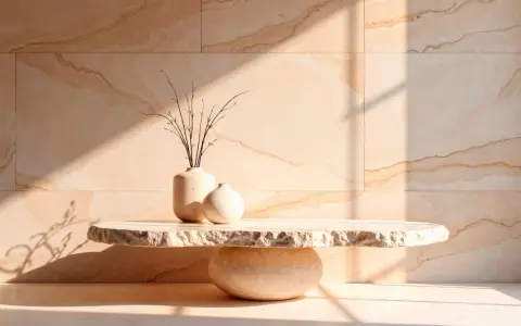 Dos jarrones de cerámica y ramas secas sobre una mesa de piedra de estilo minimalista, con luz solar creando sombras en una pared de mármol.