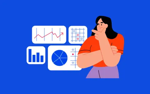Mujer pensativa analizando gráficos y datos, considerando comprar acciones.