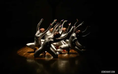 Un groupe de danseurs en costumes argentés, mains levées, dans un photo spectacle captivant.
