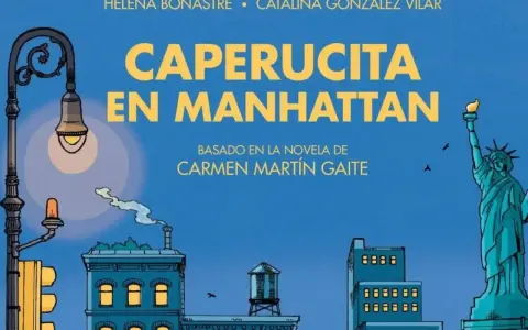 Ilustración de "Caperucita en Manhattan", con la Estatua de la Libertad y edificios neoyorquinos.