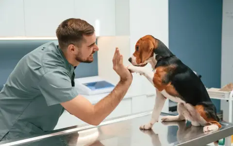 Vétérinaire encourageant un chien beagle sur une table d'examen. Si votre chien a une entorse, que faire ?