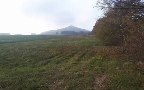 Mglisty poranek nad polami, w oddali majaczy ostrzyca proboszczowicka. Jesienne drzewa szumią przy ścieżce.