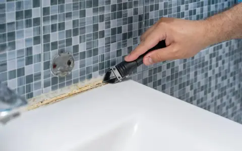 Mano usando una espátula para quitar silicona vieja y sucia de la bañera.