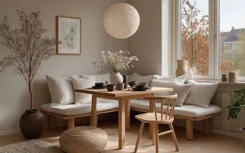 Gemütliche Ecke mit Holztisch, Bank und Stuhl. Tolle Ideen für ein kleines Esszimmer einrichten, mit Deko wie Vase und Bild.