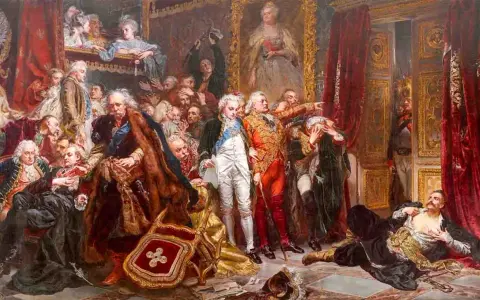 Scena dramatyczna przedstawia upadek Rzeczypospolitej. Wśród zgiełku i rozpaczy, postacie w bogatych strojach symbolizują schyłek państwa.