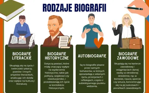Rodzaje biografii: literackie, historyczne, autobiografie i zawodowe. Każda biografia opowiada inną historię życia.