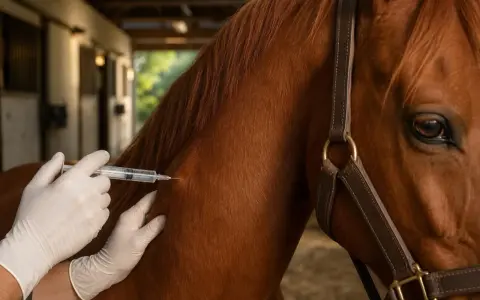 Un vétérinaire administre un vaccin à un cheval brun dans une écurie.