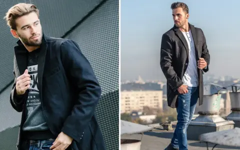 Mężczyzna w stylowych stylizacjach z czarnym płaszczem, prezentujący miejski szyk.