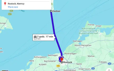 Trasa prom Rostock - Gedser. Podróż trwa 2 godz. 17 min, dystans 63,9 km.