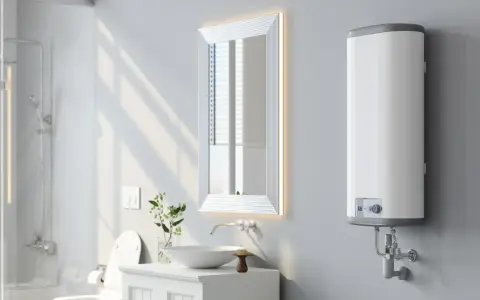 Modernes Badezimmer mit einem weißen Warmwasserspeicher, der wie ein durchlauferhitzer für warmwasserspeicher funktioniert. Daneben ein beleuchteter Spiegel.